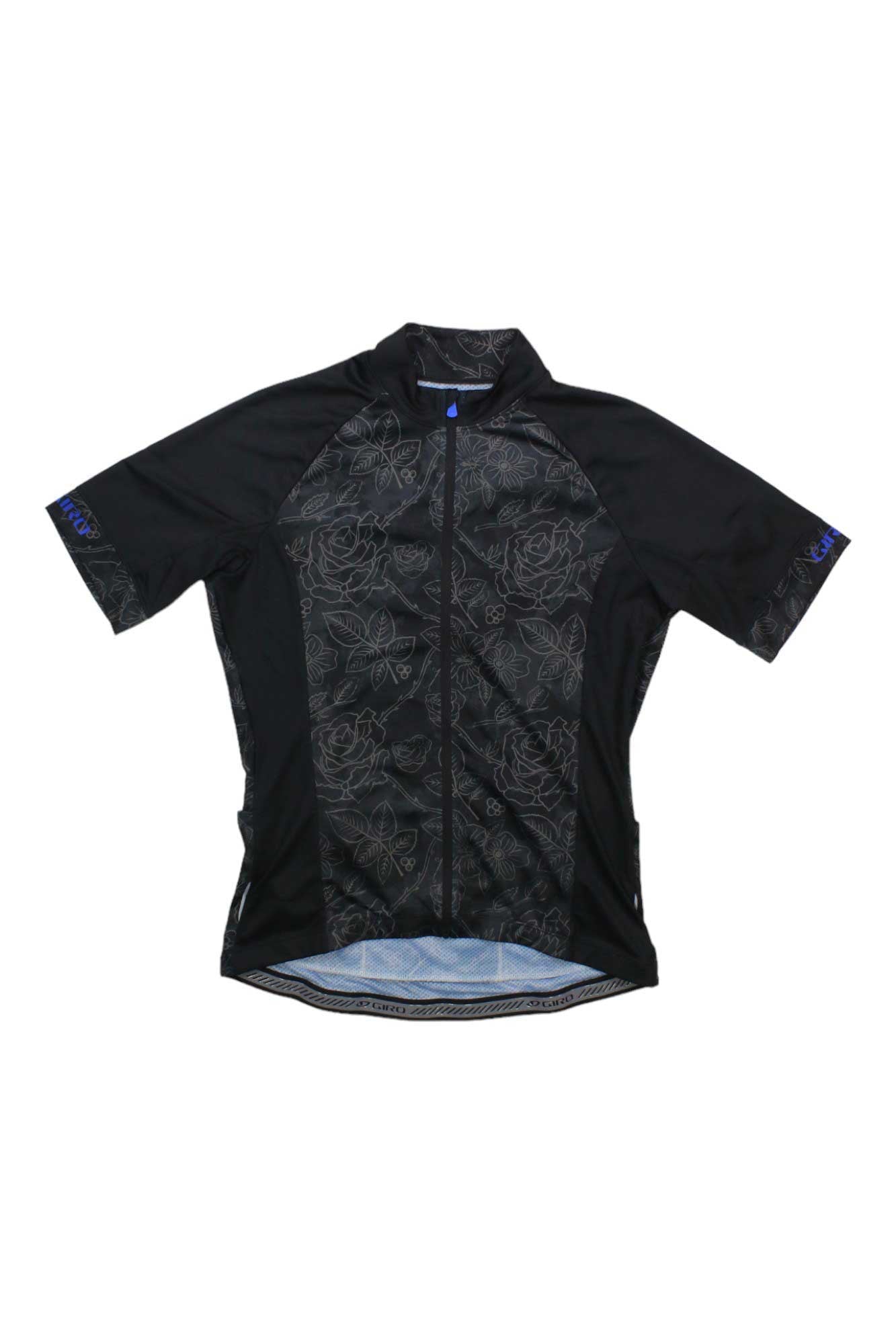 The Giro Womens Chrono Sport Jersey is a short-sleeved, black cycling jersey with blue accents, a front zipper, subtle floral patterns, a high collar, moisture-wicking and sun-protective fabric for comfort on every ride.