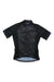 The Giro Womens Chrono Sport Jersey is a short-sleeved, black cycling jersey with blue accents, a front zipper, subtle floral patterns, a high collar, moisture-wicking and sun-protective fabric for comfort on every ride.