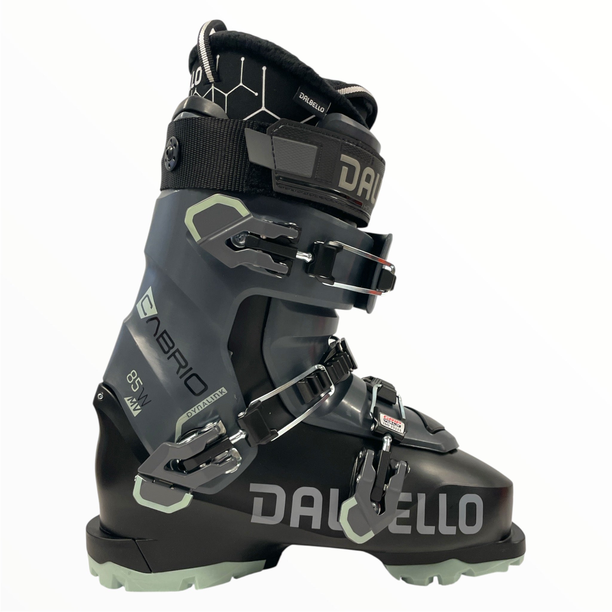 The Dalbello Womens Cabrio MV 85 IF Ski Boots, in black and gray with metal buckles, power strap, and side branding, are designed for intermediate to advanced skiers and shown against a white background.