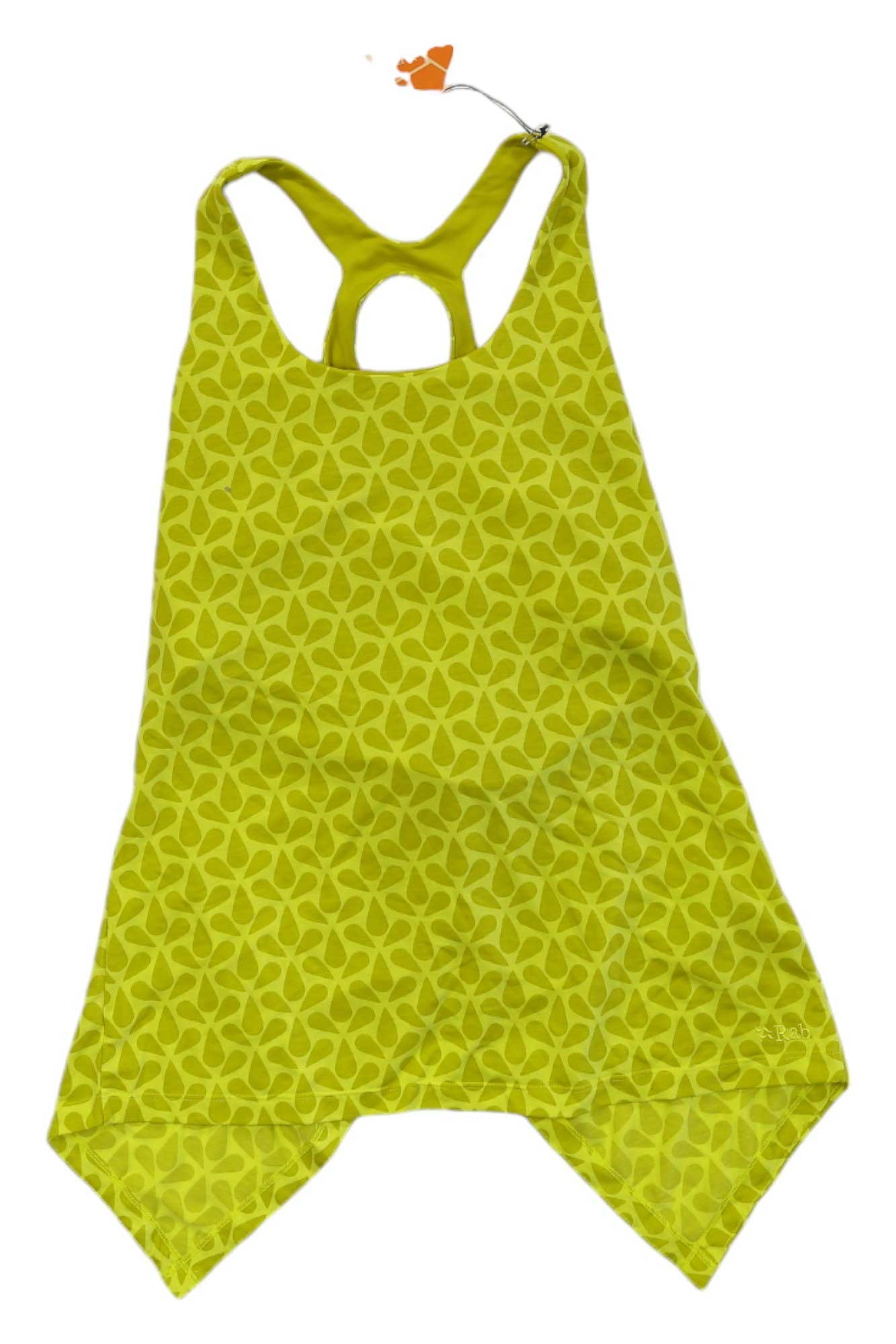 Rab women's Trance tank, sleeveless racerback cutout, patterned green, asymmetric hem