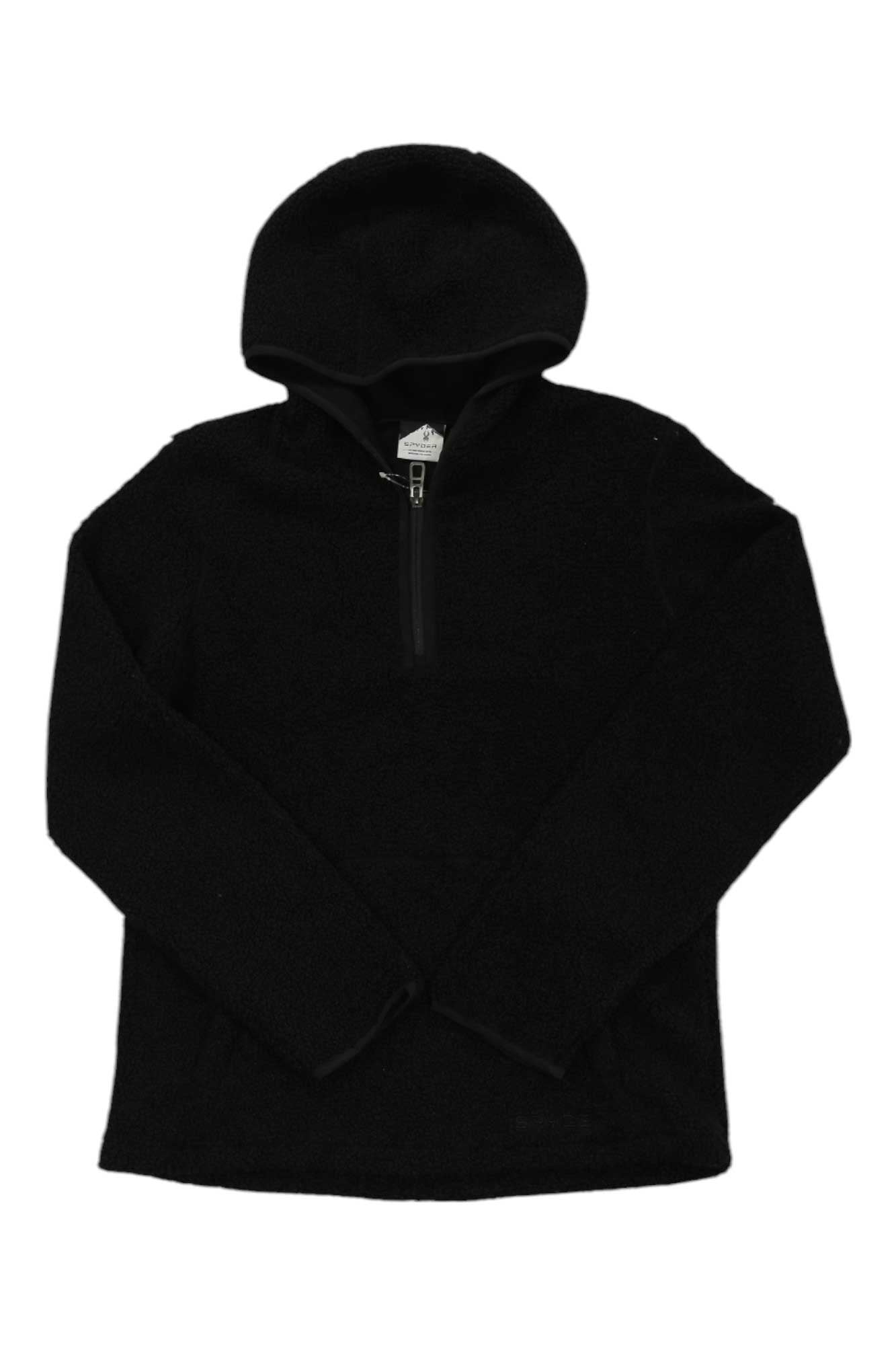 The Spyder Womens Cloud Hoodie, shown in black and made from soft Polyester Sherpa with long sleeves and a half-zip front, is laid flat on a white background—ideal for cozy après-ski comfort.