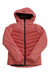 The Helly Hansen Juniors Serene Jacket in coral pink is an insulated, waterproof kids' outdoor jacket with a hood, front zipper, and HH logos on the chest and sleeve, displayed flat on a white background.