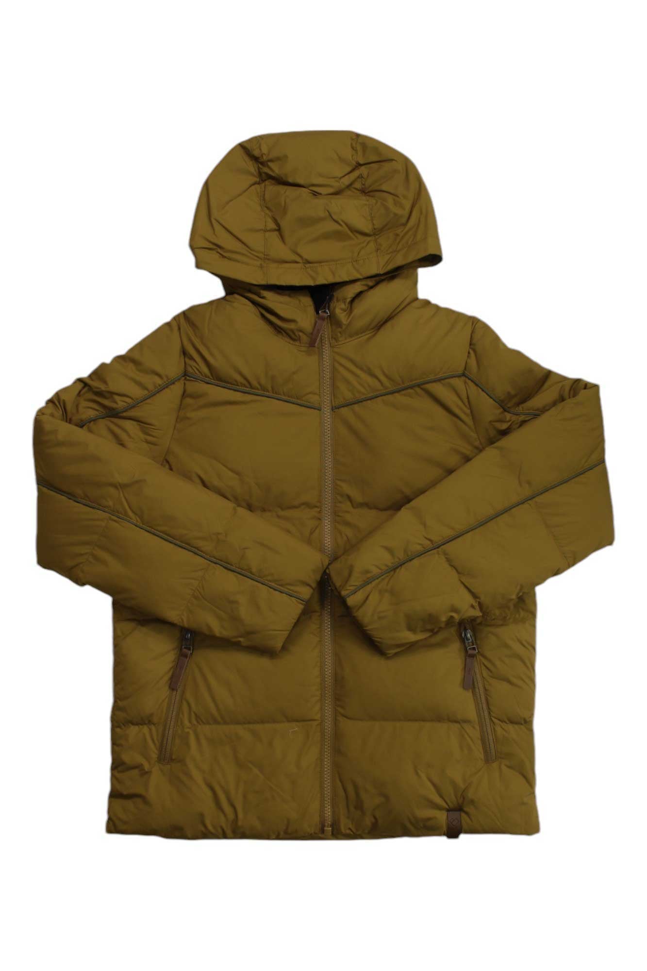 The Obermeyer Boys James Puffy Jacket in olive green features a hood, front zipper closure, and two zippered side pockets—water-resistant and perfect for chilly outdoor adventures. Laid flat on a white background.