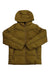 The Obermeyer Boys James Puffy Jacket in olive green features a hood, front zipper closure, and two zippered side pockets—water-resistant and perfect for chilly outdoor adventures. Laid flat on a white background.