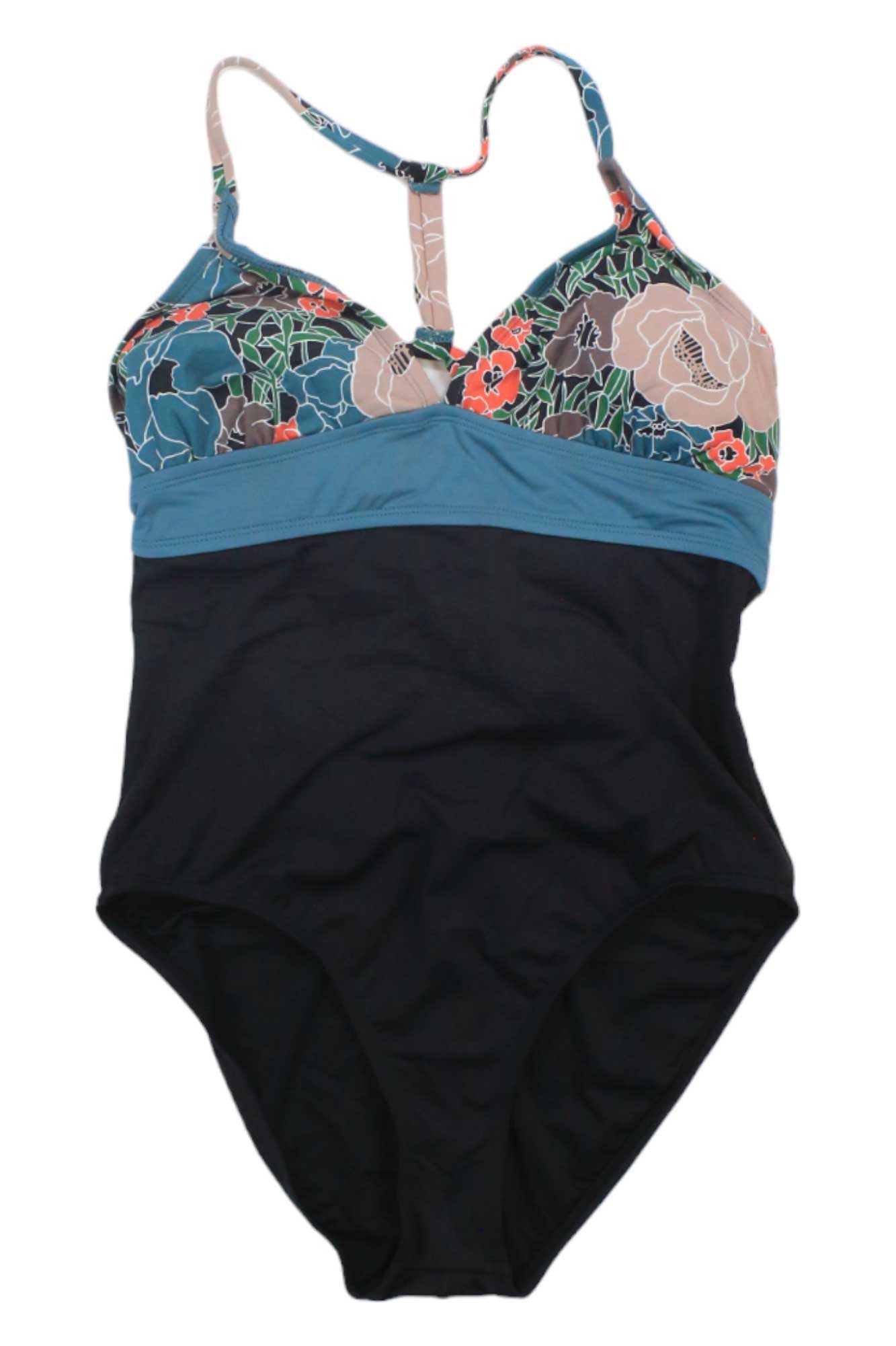 The Carve Designs Womens Dahlia One Piece swimsuit features a black bottom, solid blue waistband, floral top in blue, beige, green, and orange, adjustable straps for comfort, and a small front cutout.