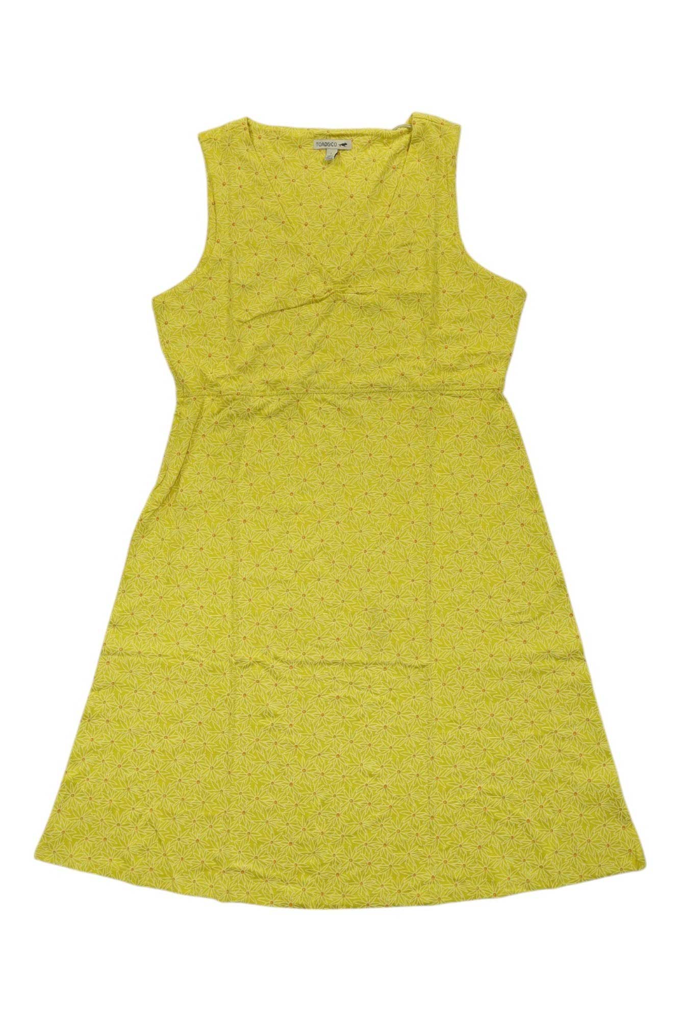 The Toad & Co Womens Rosemarie SL Dress is a sleeveless, knee-length yellow organic cotton dress with a subtle floral pattern, V-neckline, and A-line skirt. Its moisture-wicking fabric keeps you cool. Shown laid flat on white background.