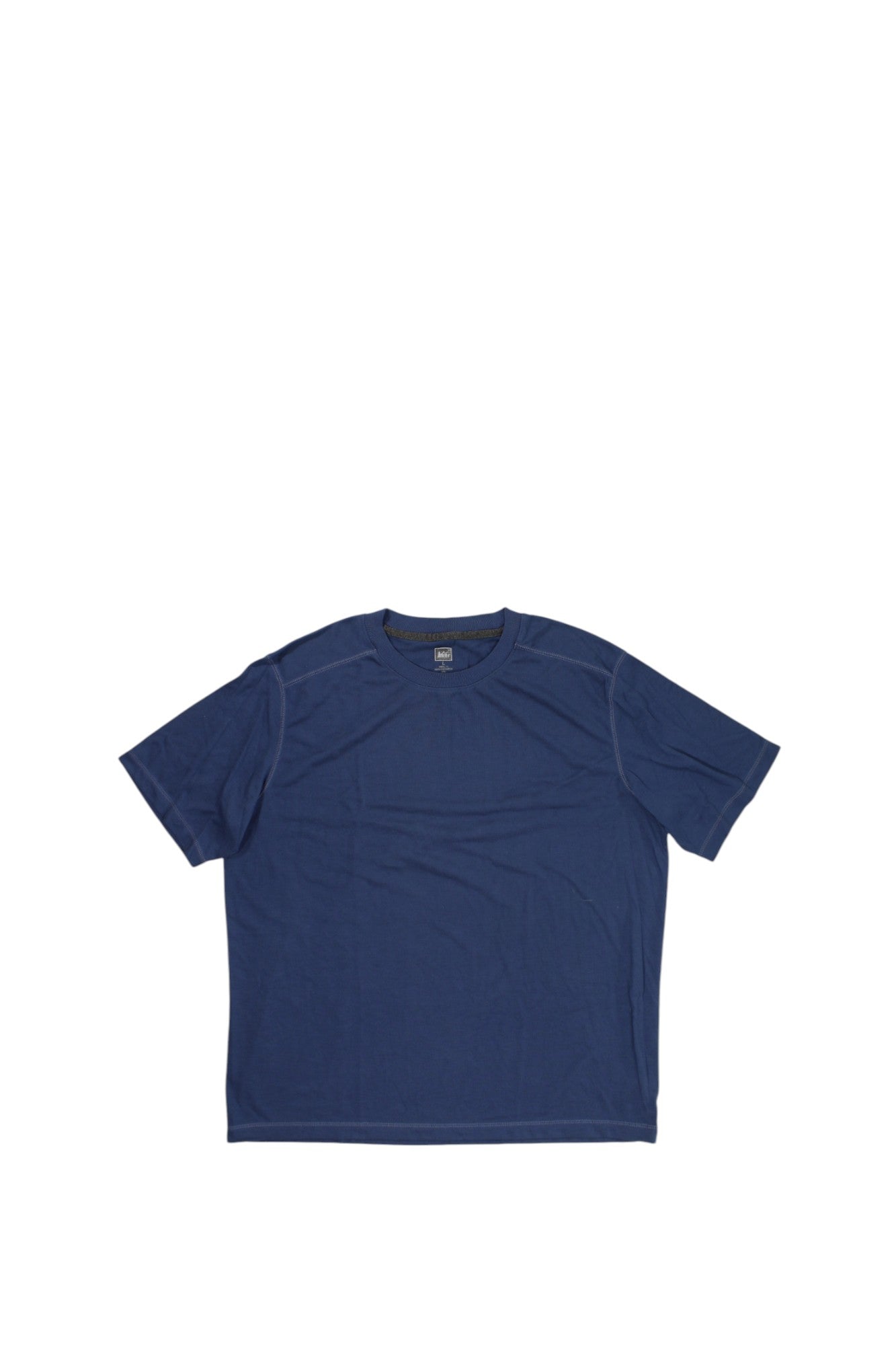 The REI Mens Active Short Sleeve Shirt in plain navy blue is laid flat on a white background, ideal as a hiking baselayer or performance shirt for outdoor activities.
