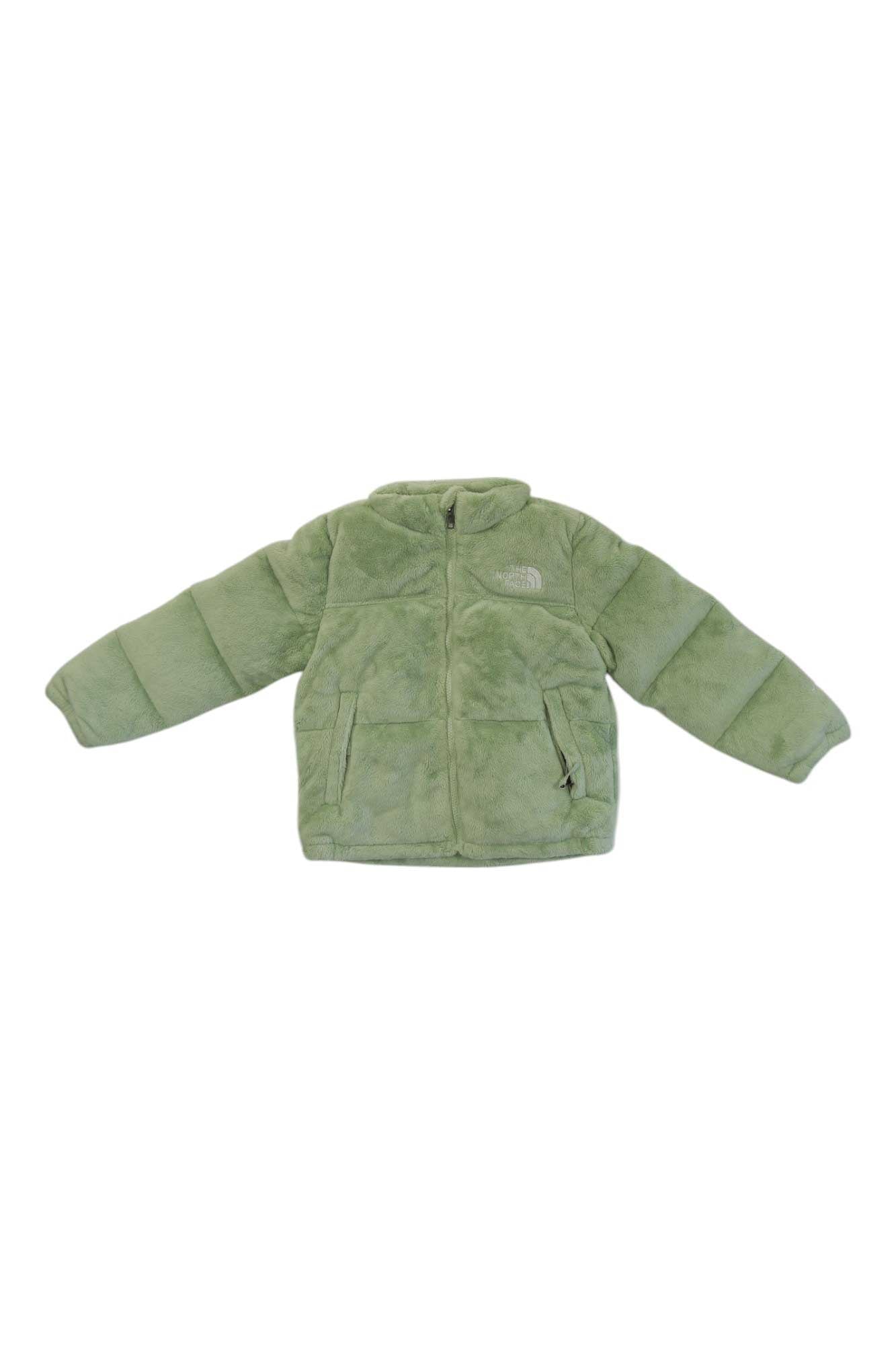 Light green The North Face Kids 1996 Retro Nuptse Jacket with long sleeves, front zipper, two zippered pockets, and logo on left chest. Insulated kids jacket is laid flat on a white background.