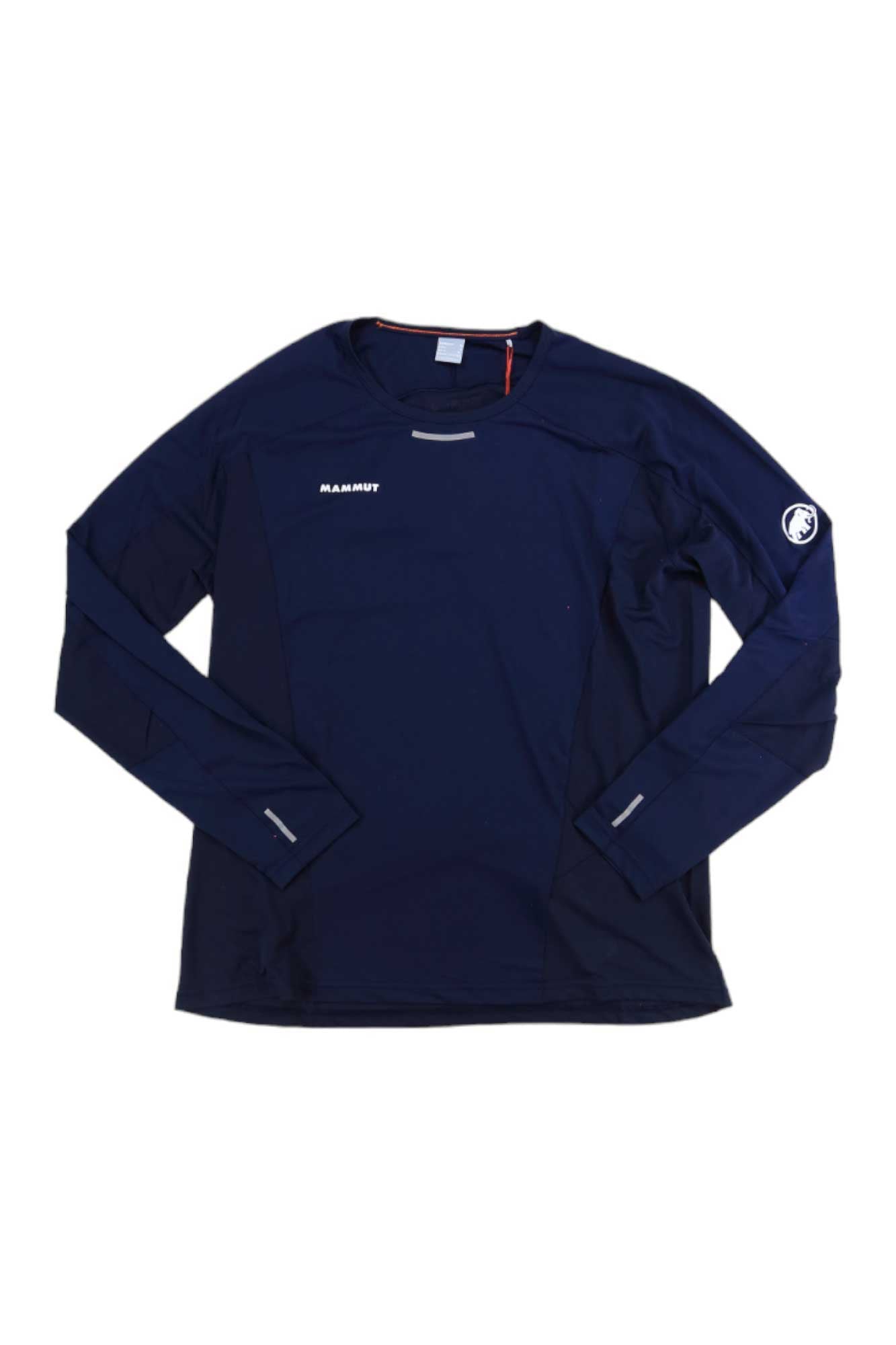 The Mammut Womens Aenergy FL LS Top is a lightweight, long sleeve dark blue shirt made from recycled polyester, featuring moisture-wicking fabric, the Mammut logo on the chest, and a sleeve patch. Laid flat on a white background.