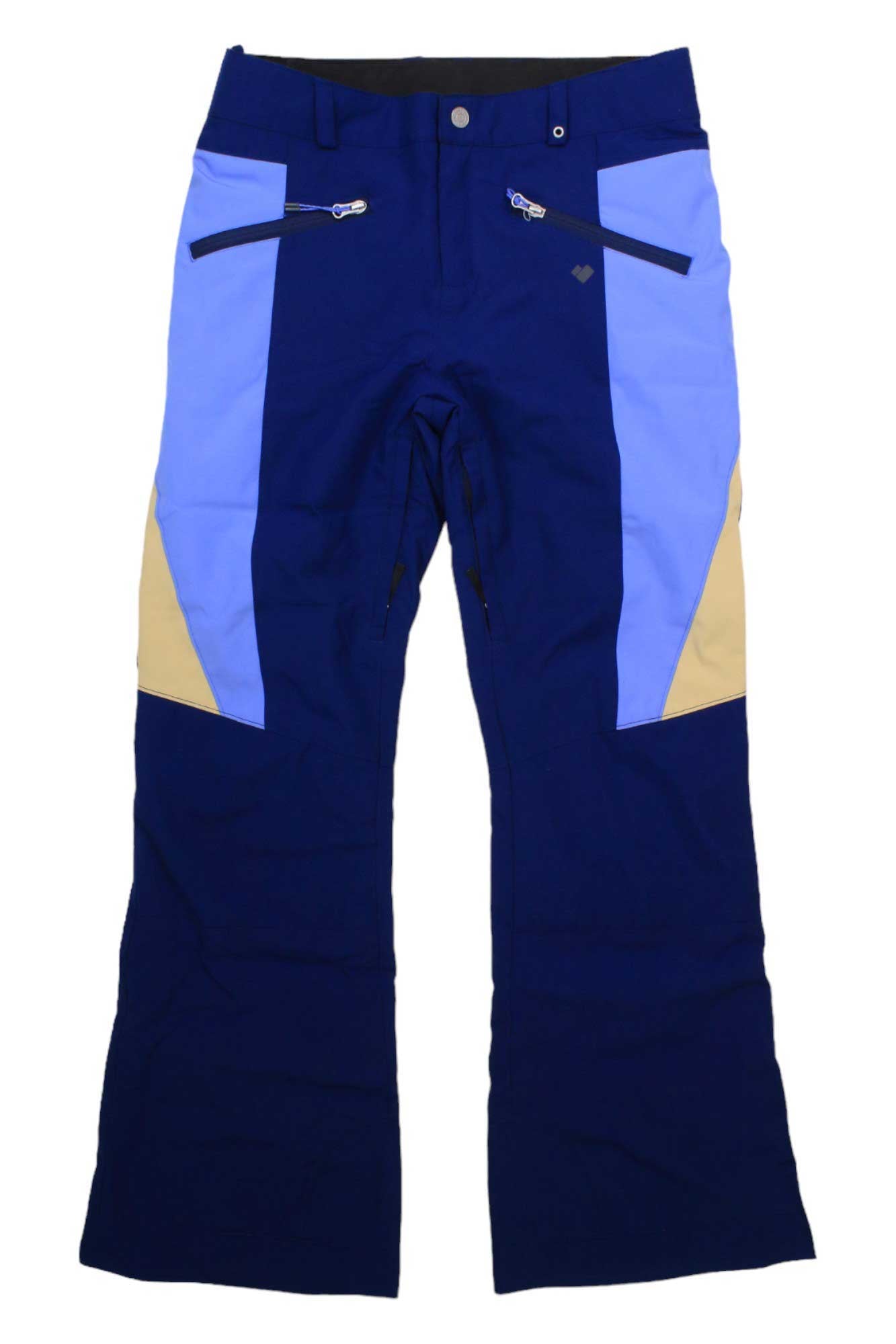 The Obermeyer Girls Jessi Pant features dark blue fabric with light blue side panels and beige upper thighs, zippered pockets, belt loops, and an adjustable waist for a perfect ski fit.