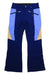 The Obermeyer Girls Jessi Pant features dark blue fabric with light blue side panels and beige upper thighs, zippered pockets, belt loops, and an adjustable waist for a perfect ski fit.