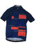 The Short Sleeve Cycling Jersey is a navy blue Assos jersey with red and gray geometric patterns on the front, a full front zipper, small collar, and breathable fabric for comfortable rides.