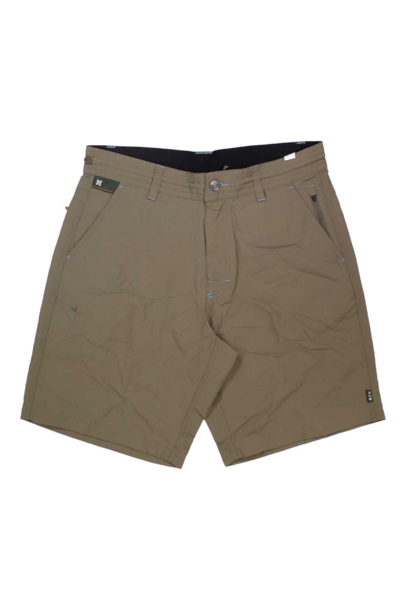 The Howler Brothers Men's Horizon Hybrid 2.0 Short in khaki features front pockets, belt loops, a button closure, and a zipper fly. Designed for quick drying, the shorts are shown laid flat on a white background.