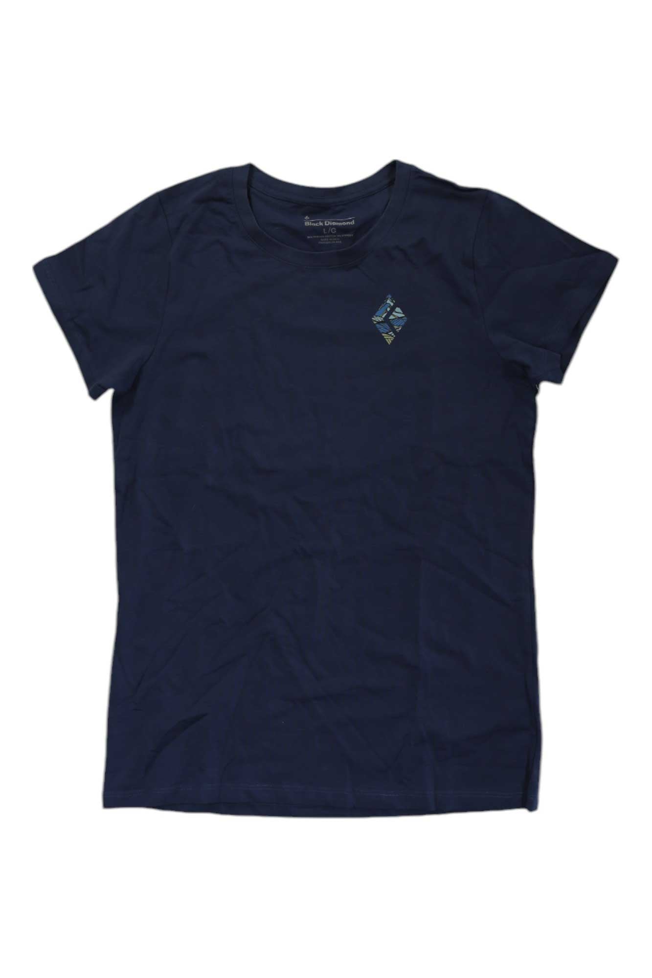 The Black Diamond Womens Mountain Diamond Tee, a navy blue short-sleeve t-shirt with a small geometric logo on the left chest, is displayed flat on a white background.