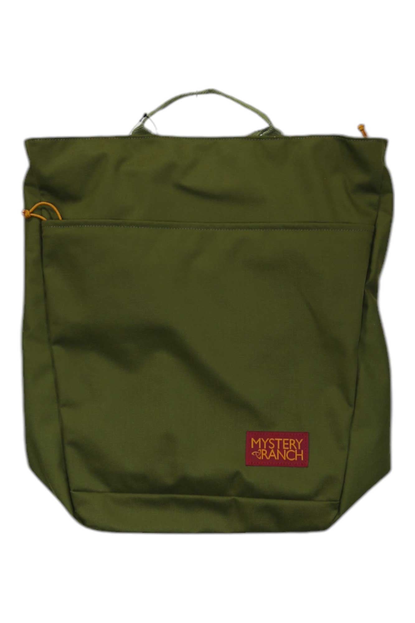Super Market Bag in olive green with top handles and Mystery Ranch logo patch.