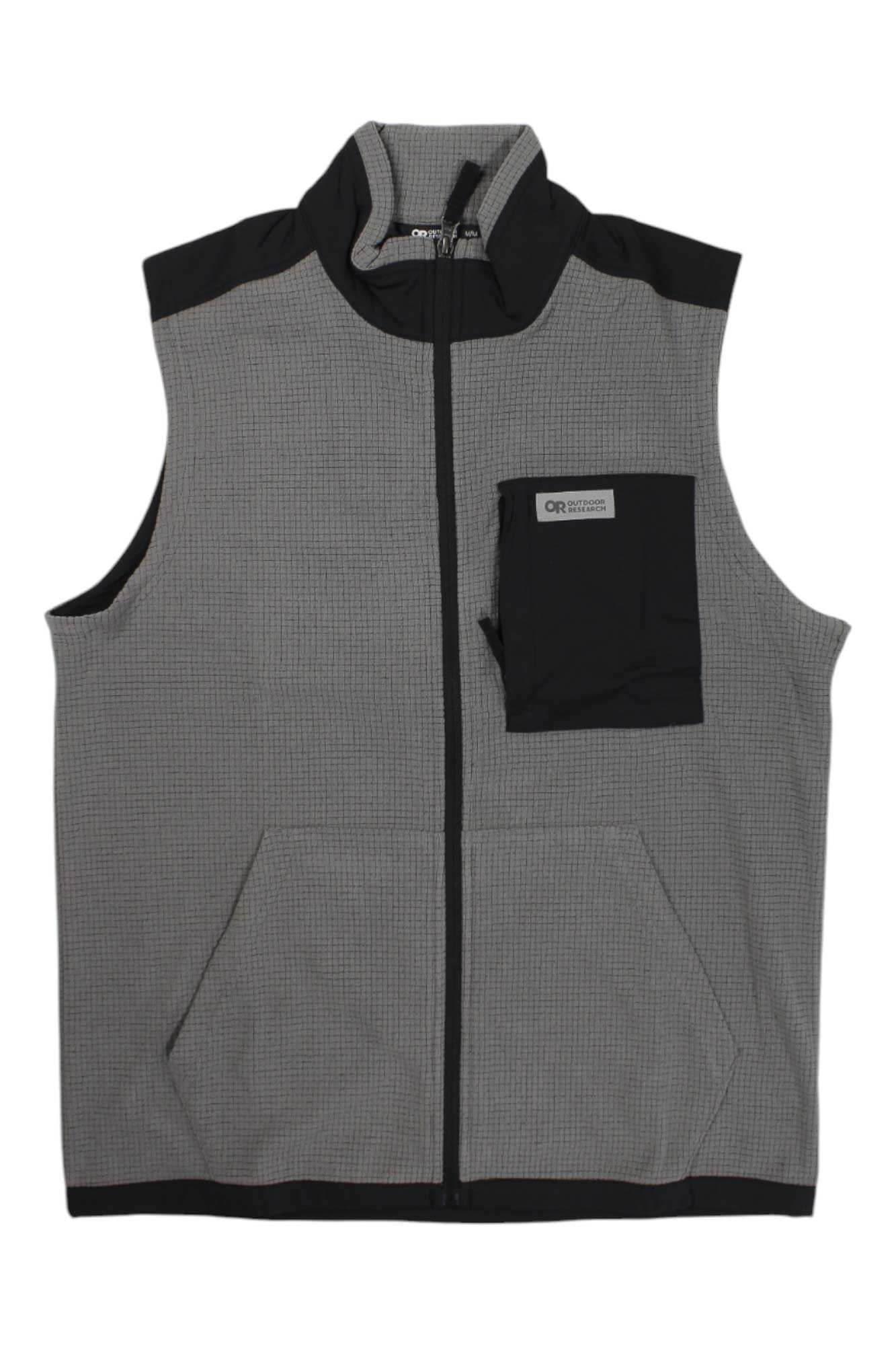The Outdoor Research Men's Trail Mix Vest is a gray, breathable fleece vest with black shoulder accents, a left chest zip pocket, two large front pockets, stand-up collar, and subtle grid pattern—perfect as a packable hiking layer.