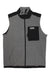 The Outdoor Research Men's Trail Mix Vest is a gray, breathable fleece vest with black shoulder accents, a left chest zip pocket, two large front pockets, stand-up collar, and subtle grid pattern—perfect as a packable hiking layer.