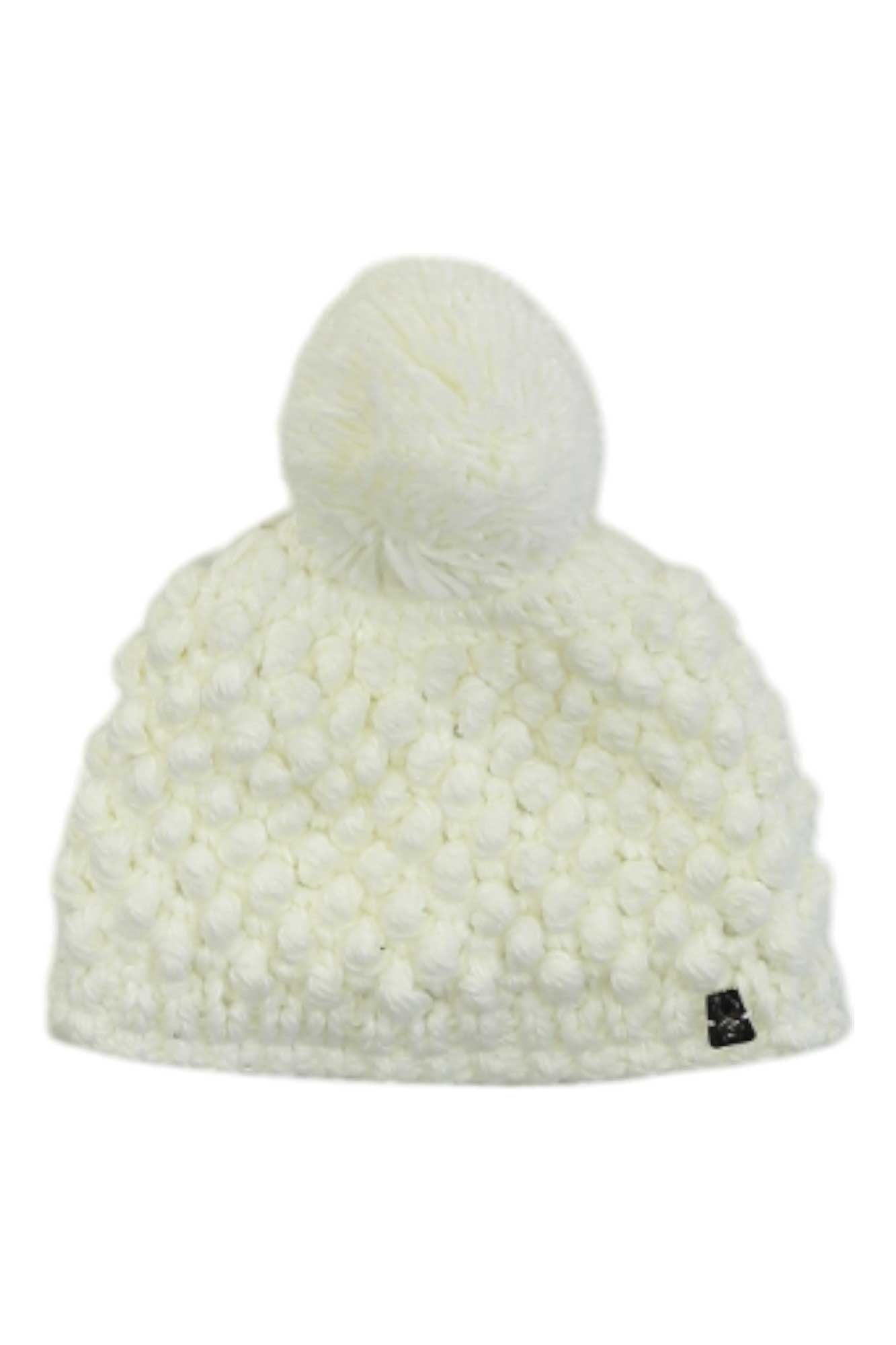 The Spyder Girls Bitsy Brrr Berry Hat is a white knitted beanie with a textured, bobble pattern and a large pom-pom on top—perfect for keeping girls cozy in winter.