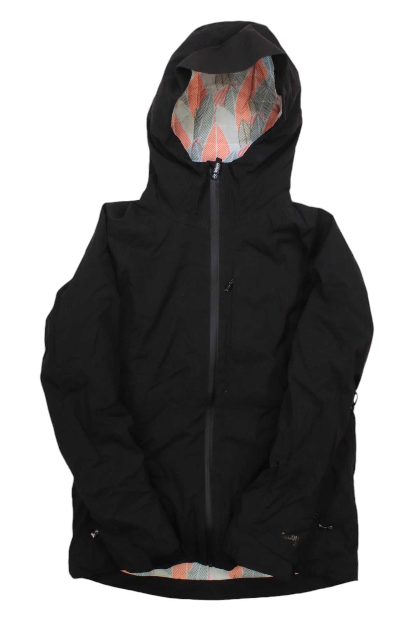 The Strafe Womens Lucky Jacket is a black, hooded, waterproof ski jacket with a front zipper and a lining decorated with orange and gray leaf patterns.
