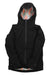 The Strafe Womens Lucky Jacket is a black, hooded, waterproof ski jacket with a front zipper and a lining decorated with orange and gray leaf patterns.
