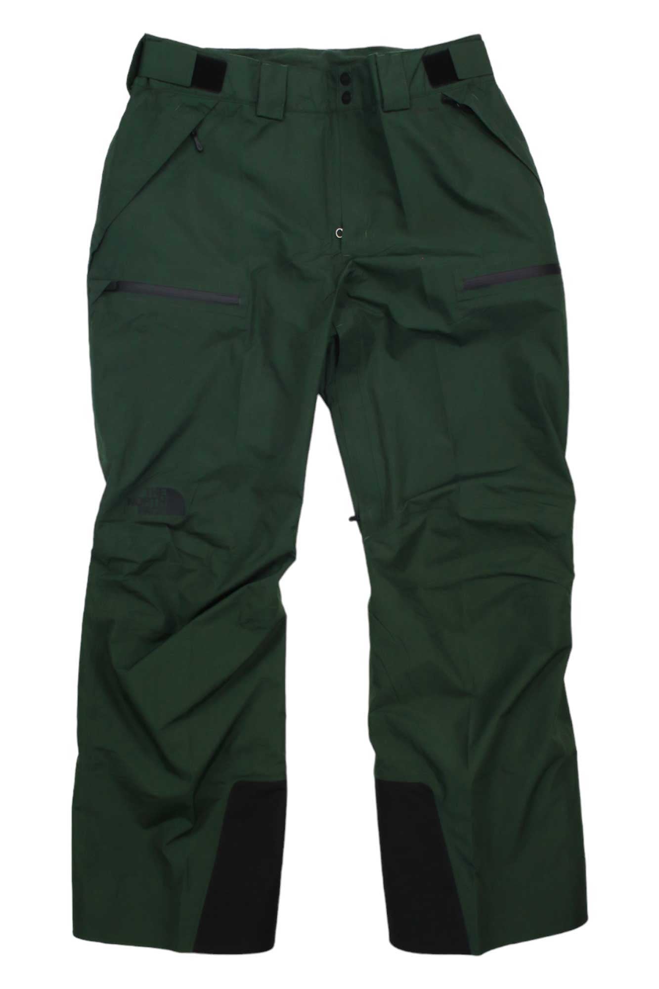 The North Face Mens Dawnstrike Gtx Pant—dark green outdoor pants with black reinforced cuffs, zippered pockets, belt loops, and button waist. Made from durable waterproof material, ideal for hiking. Shown on a white background.