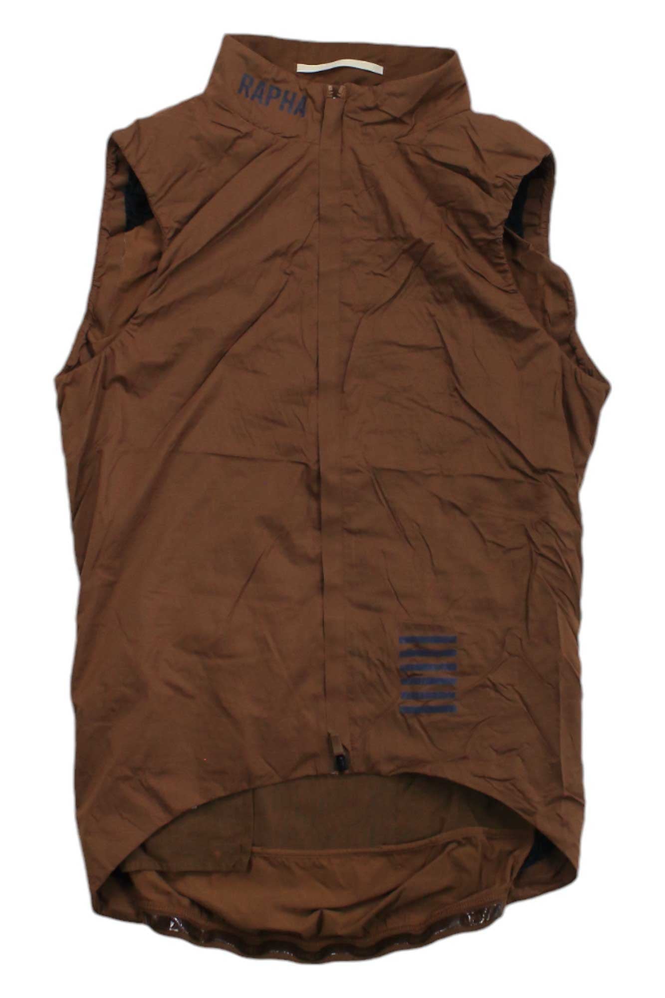 A sleeveless brown Rapha Mens Pro Team Insulated Gilet features a high collar, full front zipper, longer back hem, RAPHA branding near the collar, and three dark stripes on the lower front.