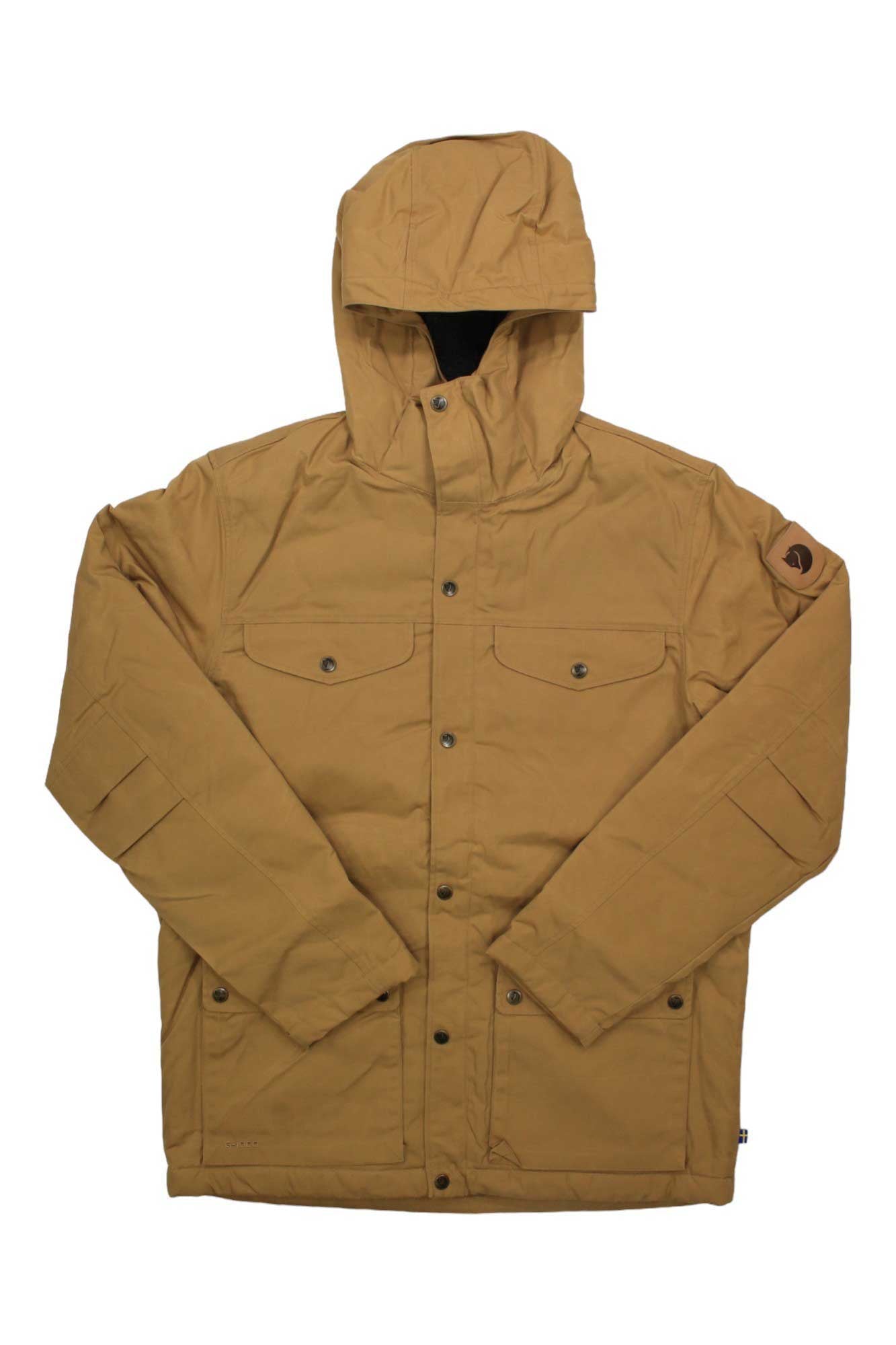 The Greenland Winter Insulated Jacket is a men's tan winter outdoor coat with a buttoned front, flap chest pockets, long sleeves, a left sleeve patch, and straight hem. Made from durable G-1000 Eco by Fjallraven.