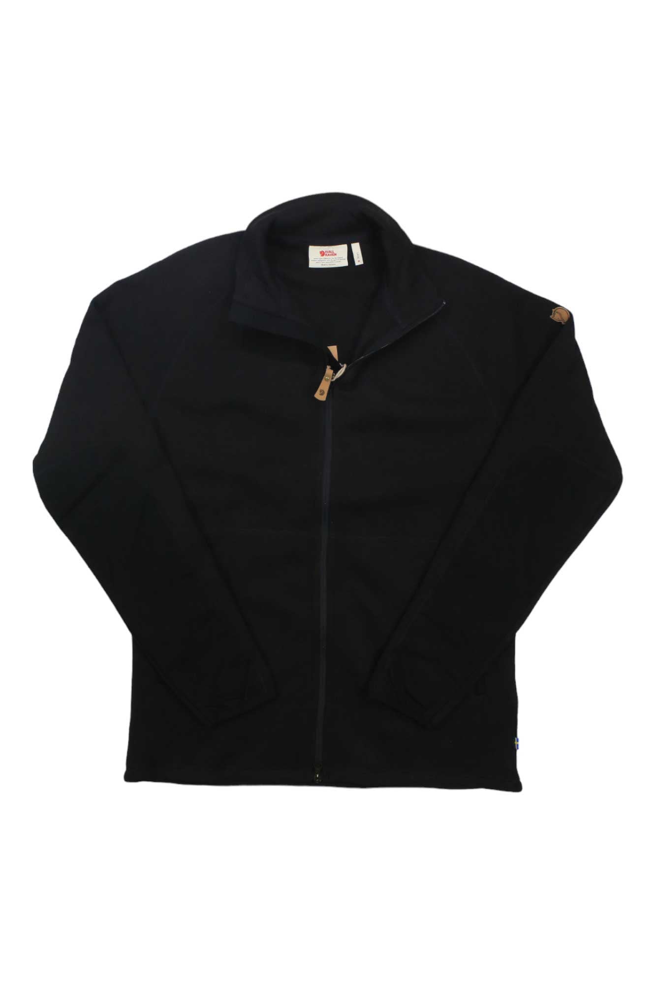 The Fjallraven Mens Ovik Fleece Zip Sweater, featuring a high collar, long sleeves, and a brown zipper pull, is displayed flat on a white background.