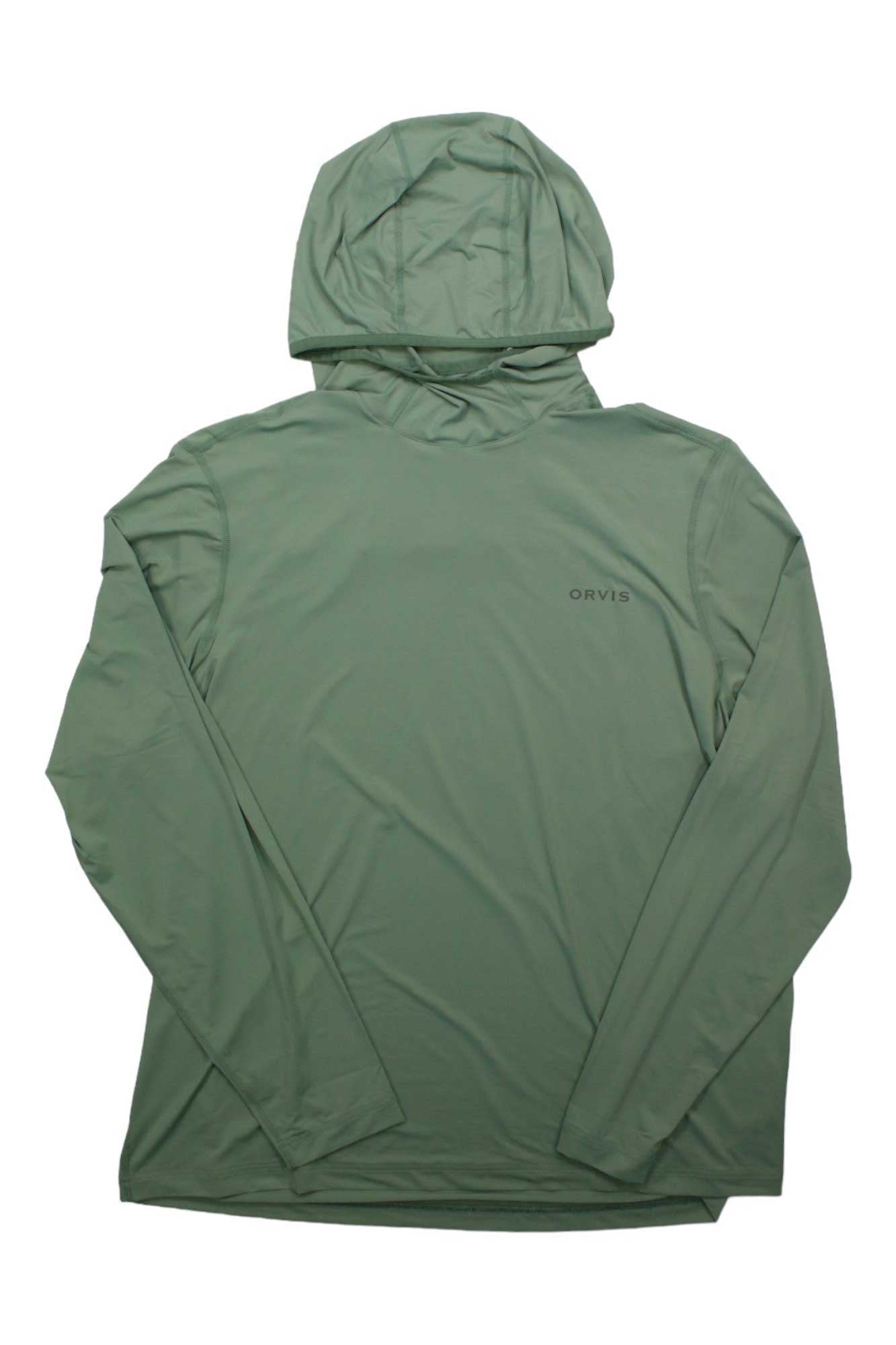 Men's Orvis sun defense long-sleeve hoodie, green, pullover with hood and back logo
