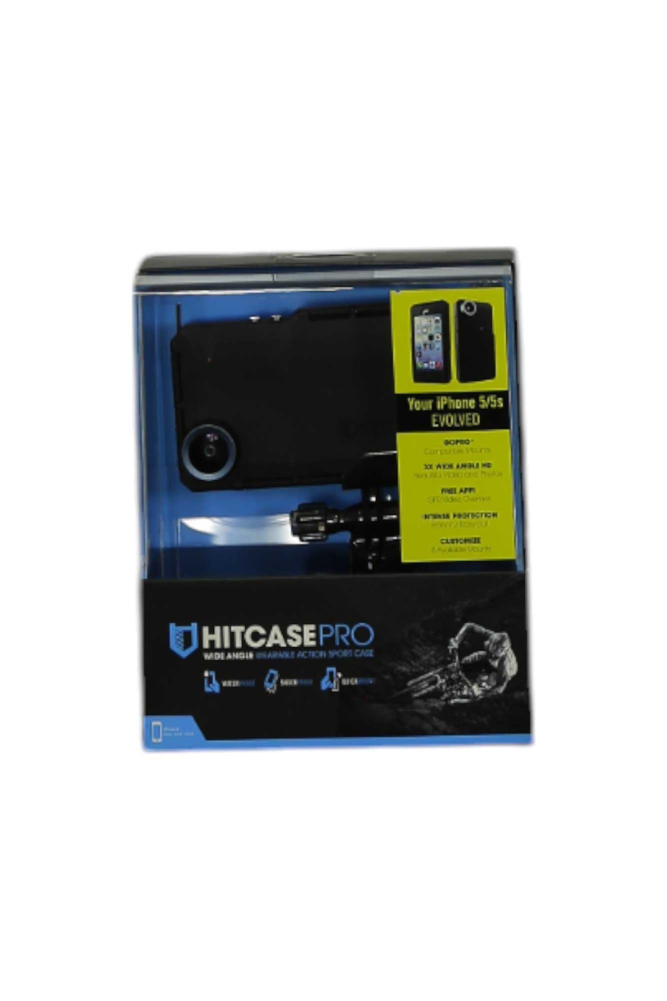 The Hitcase Pro for iPhone 5/5s retail package includes a black shockproof case, lens, and accessories in a clear box with blue and black branding, plus details on GoPro-compatible mounting.