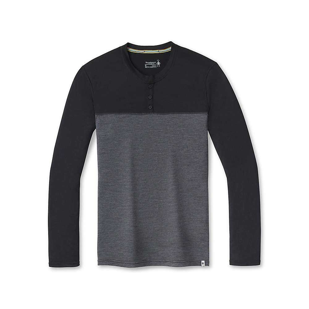 The Smartwool Mens Merino Sport 150 Henley is a long-sleeve, two-tone shirt with a black upper and sleeves plus a dark gray lower body. Made from moisture-wicking fabric, it has a short button placket at the collar for comfort.