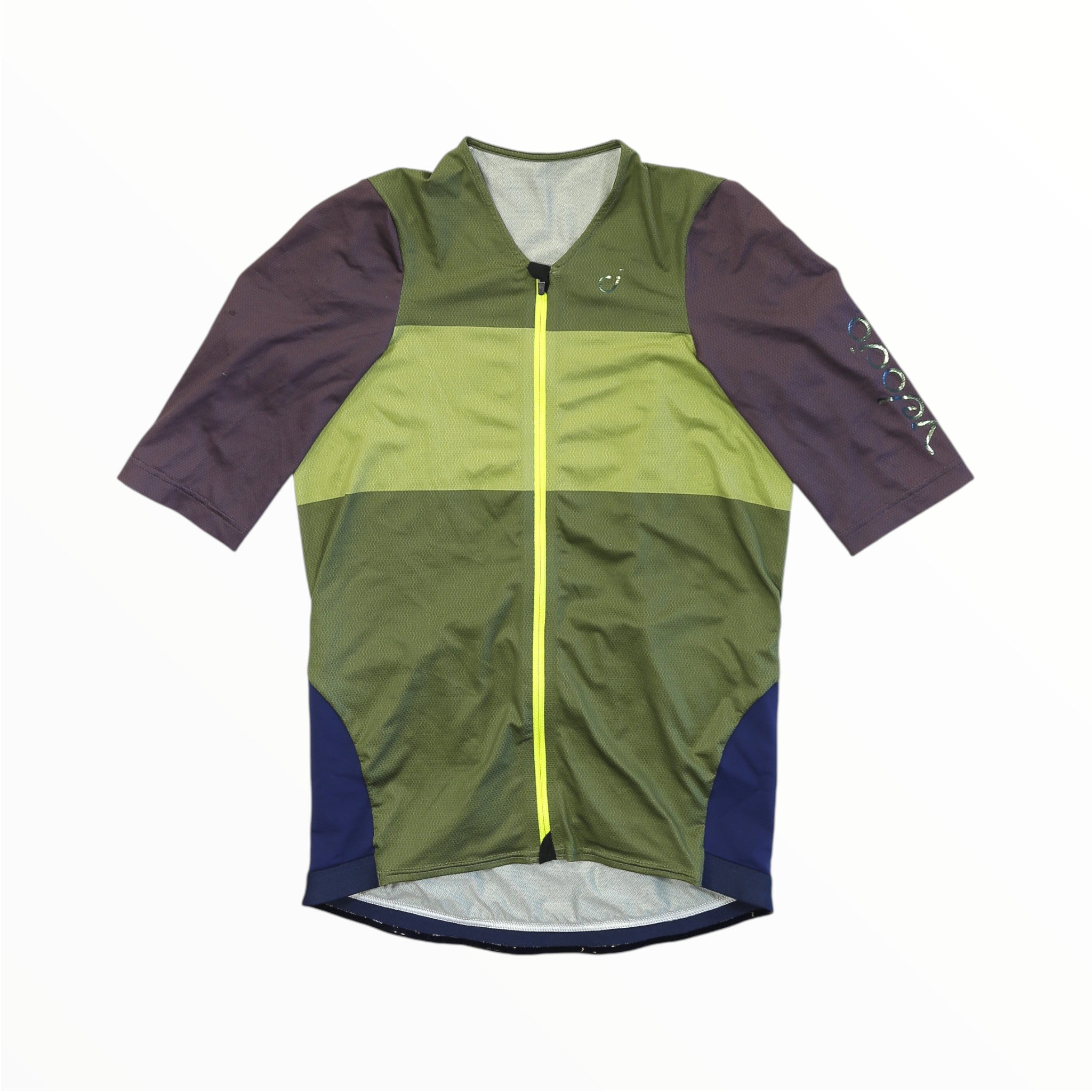 The Velocio Men's Concept SE Jersey is a short-sleeve, race-fit cycling jersey with a front zipper, made from premium Italian fabric in olive green, lime green, dark brown, and navy blue with a small left sleeve logo.