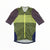 The Velocio Men's Concept SE Jersey is a short-sleeve, race-fit cycling jersey with a front zipper, made from premium Italian fabric in olive green, lime green, dark brown, and navy blue with a small left sleeve logo.