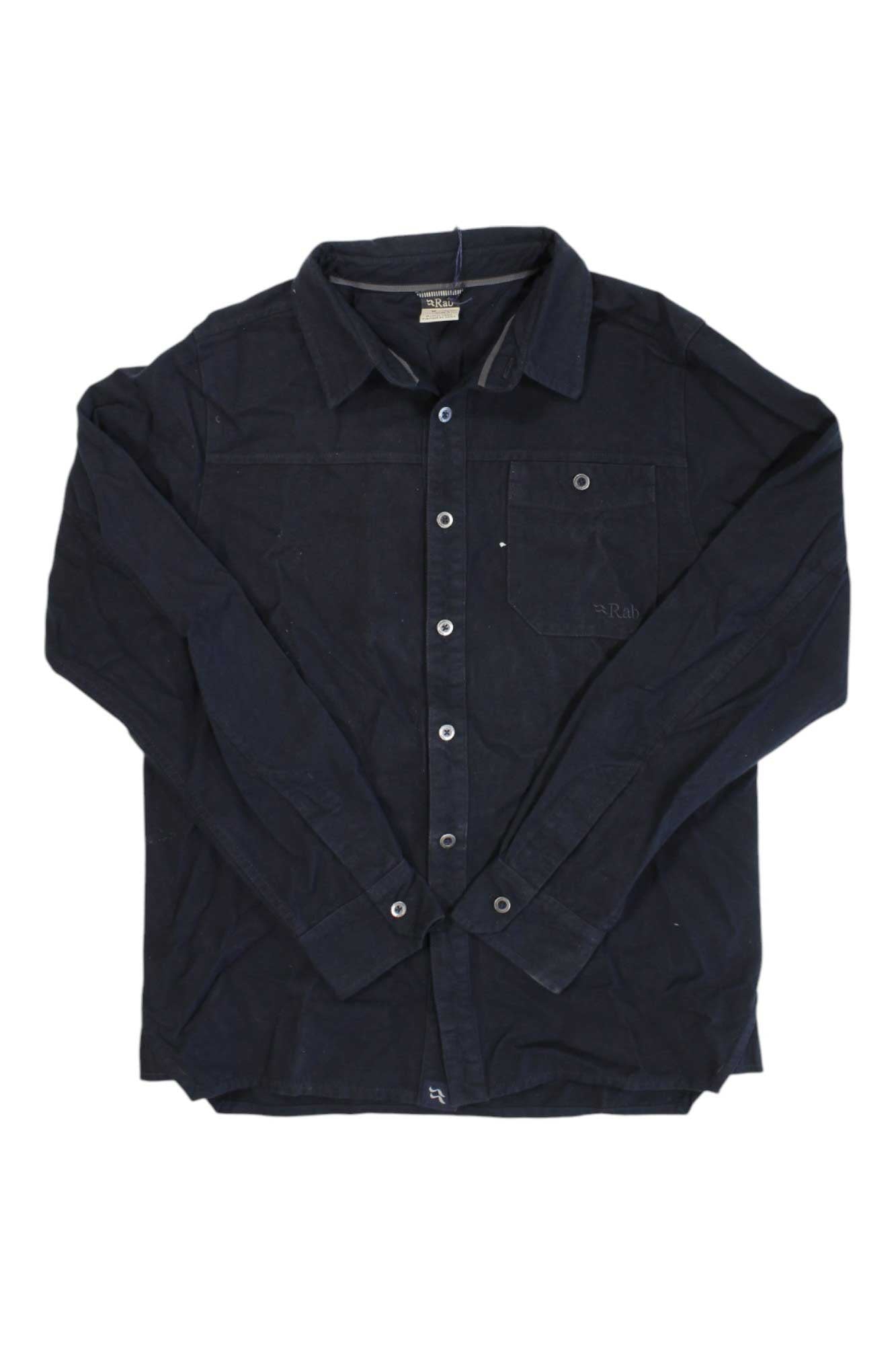 The Rab Mens Boundary Shirt is a black, long-sleeve button-up with a collar and single chest pocket, shown flat on a white background.