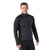 A man wears a Smartwool Men's Smartloft Jacket, a fitted black insulated jacket with quilted panels and long sleeves, standing and smiling against a plain white background.
