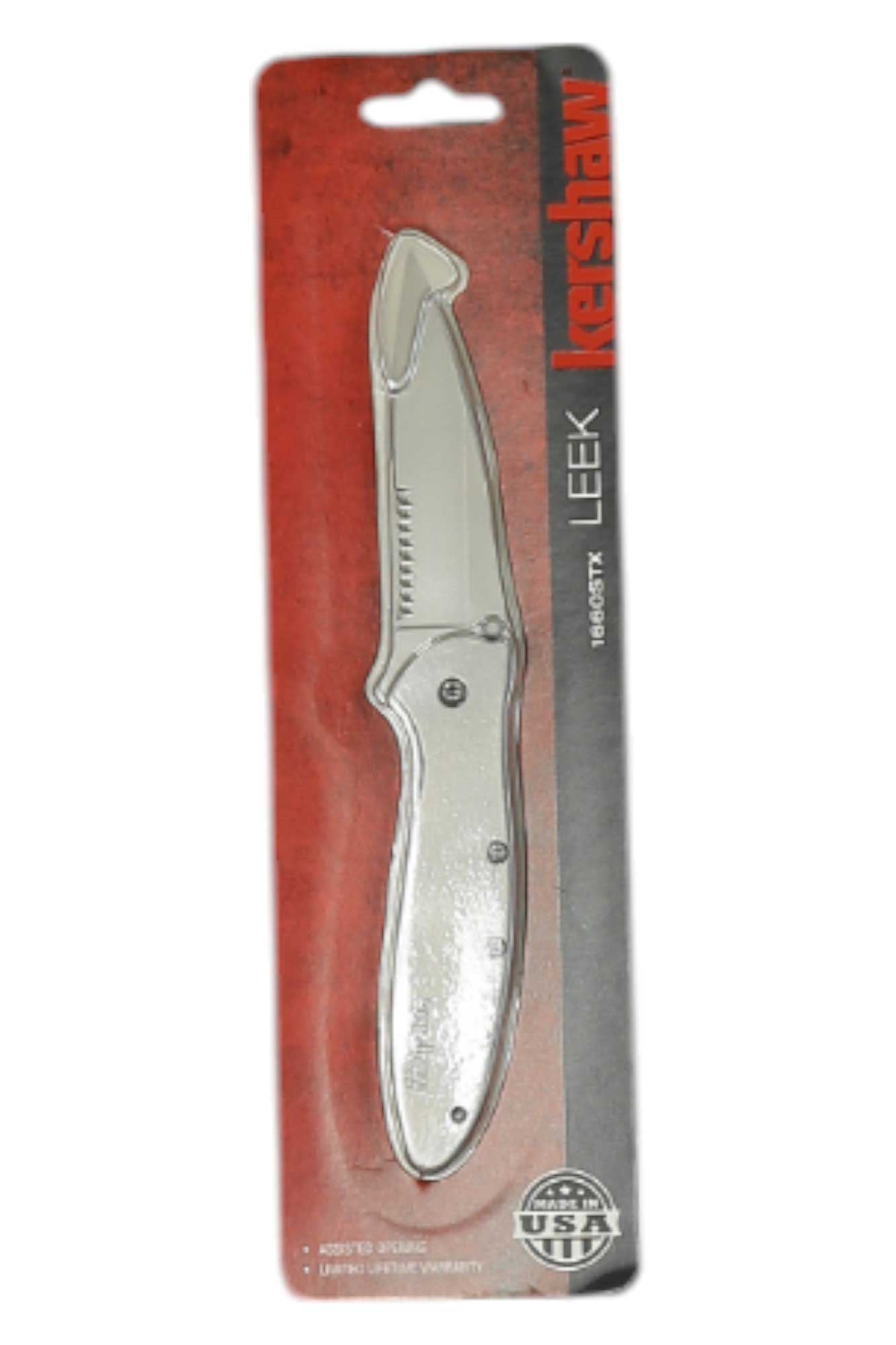 Kershaw leek knife with silver folding blade and gray handle, in blister packaging