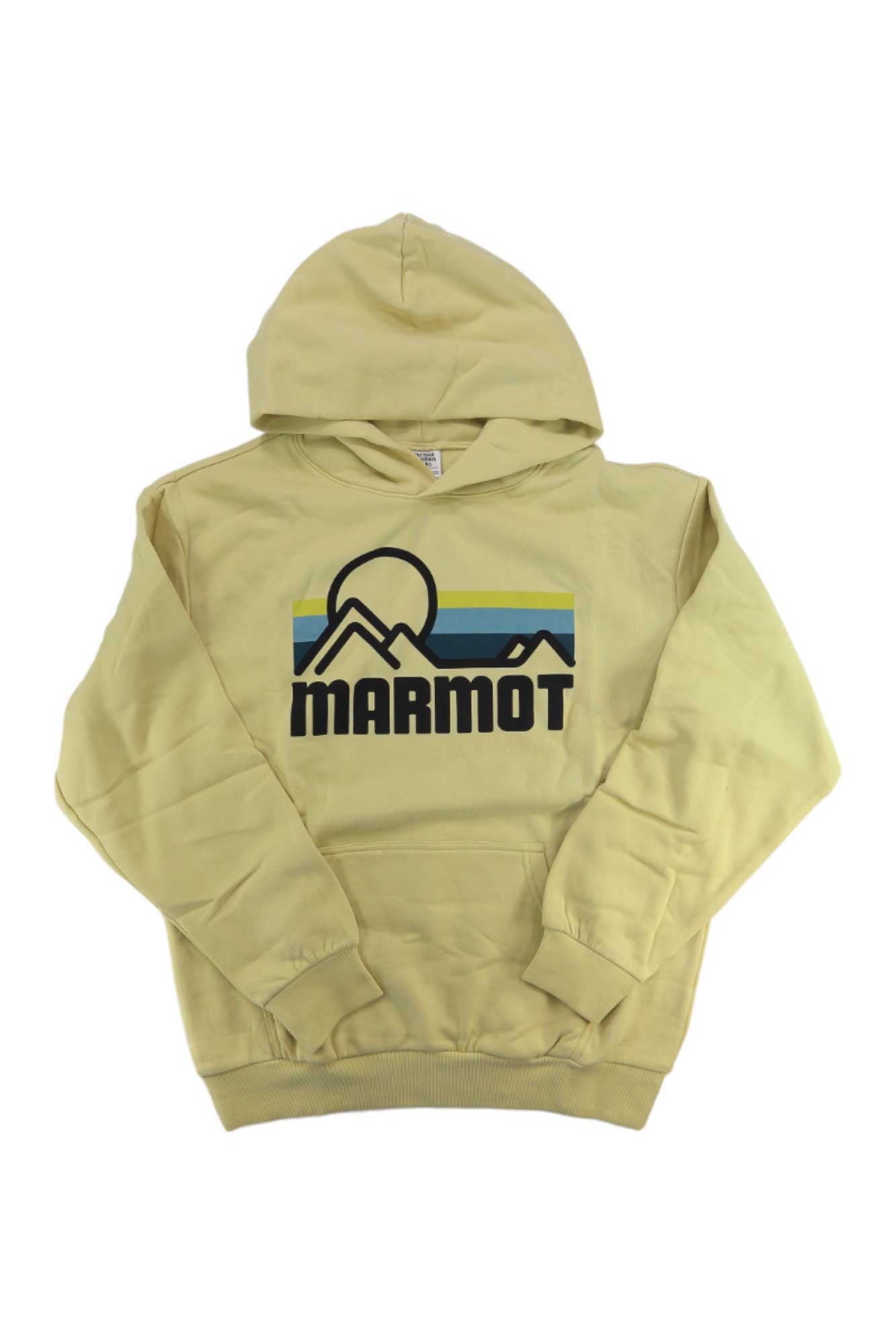The Marmot Men's Coastal Hoody in light yellow is made with recycled polyester and features "MARMOT" plus a stylized mountain and sun graphic in black, blue, and green on the chest.