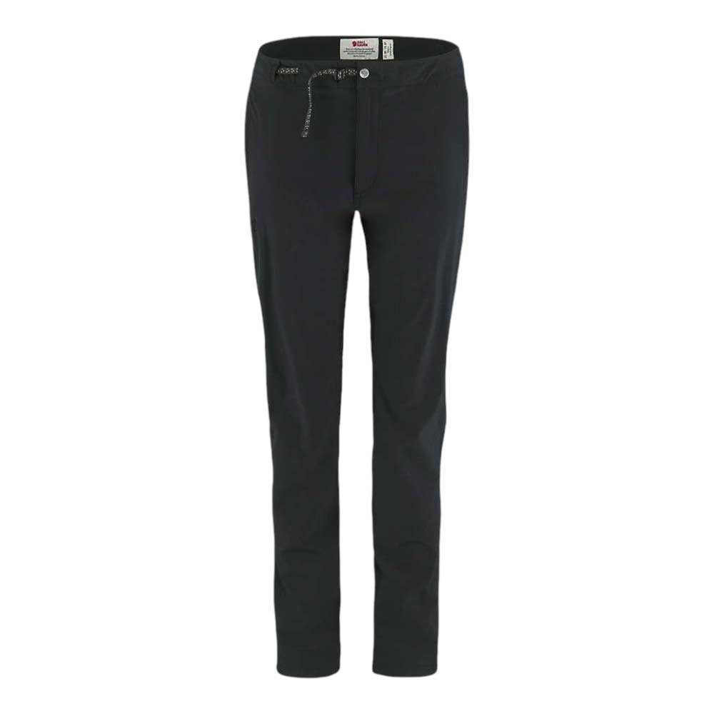 The Fjallraven Women's High Coast Trail Trouser is a pair of plain black, straight-leg hiking trousers with button and zipper closure, made from ripstop stretch fabric, shown against a white background.
