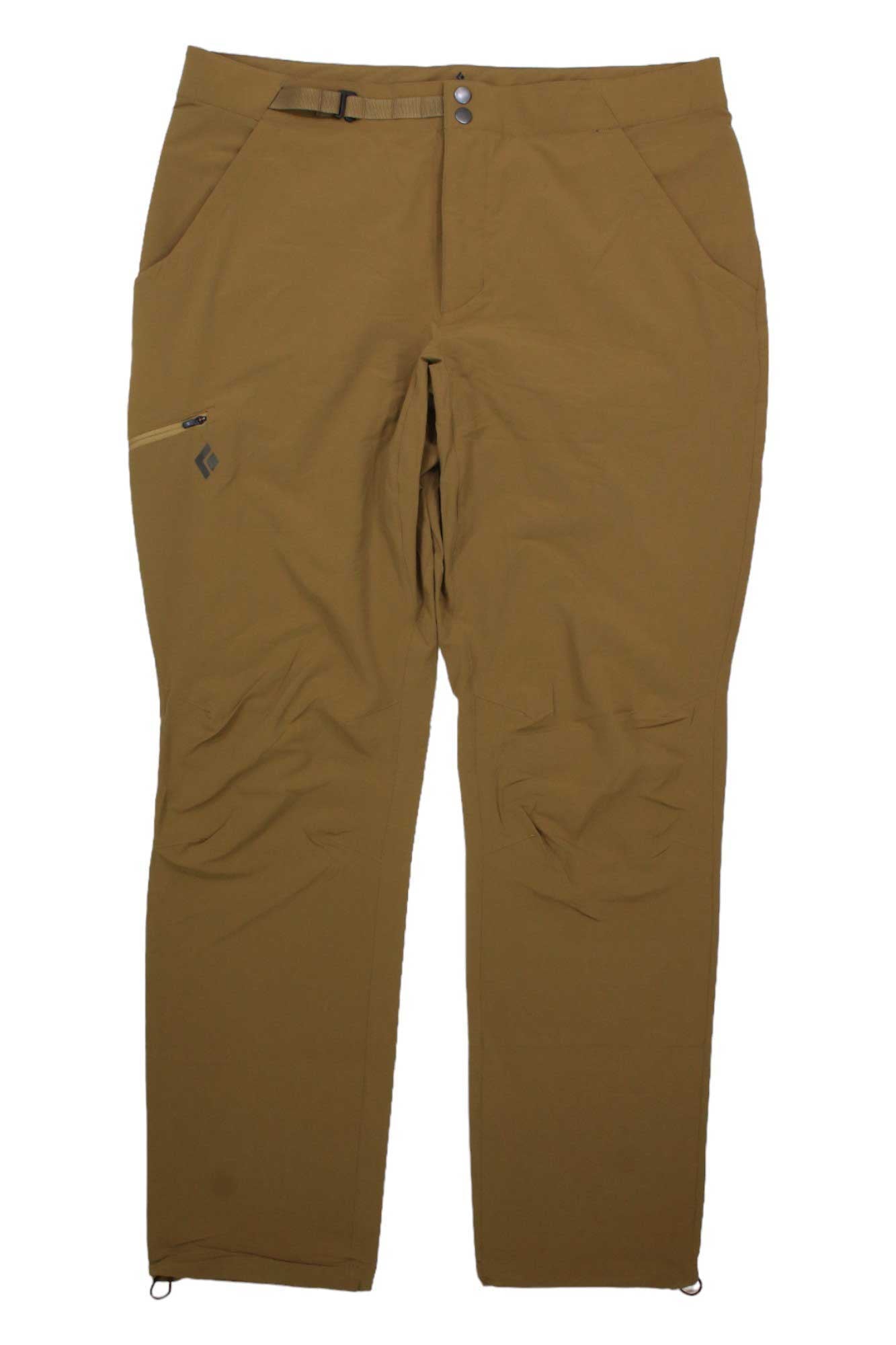 The Black Diamond Men's Technician Pro Alpine Pant features front pockets, a zippered side pocket, articulated knees, an adjustable belt, and snap button closure—perfect for mountaineering and outdoor adventures. Shown laid flat on a white background.