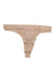 The ExOfficio Womens Everyday Thong in beige features seamless, moisture-wicking fabric and is displayed flat on a white background.