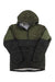 Men's insulated hooded jacket, olive green and dark panels with full-zip front