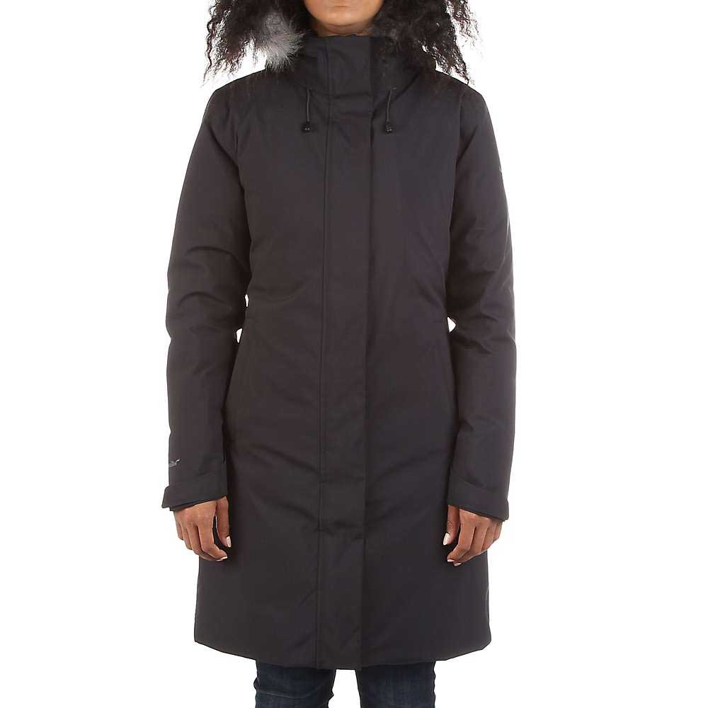 Someone wears the Moosejaw Womens Hooded Down Parka, a long black coat made from recycled materials with a high collar, drawstrings, and waterproof fabric, standing against a plain white background with hands relaxed at their sides.