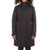 Someone wears the Moosejaw Womens Hooded Down Parka, a long black coat made from recycled materials with a high collar, drawstrings, and waterproof fabric, standing against a plain white background with hands relaxed at their sides.