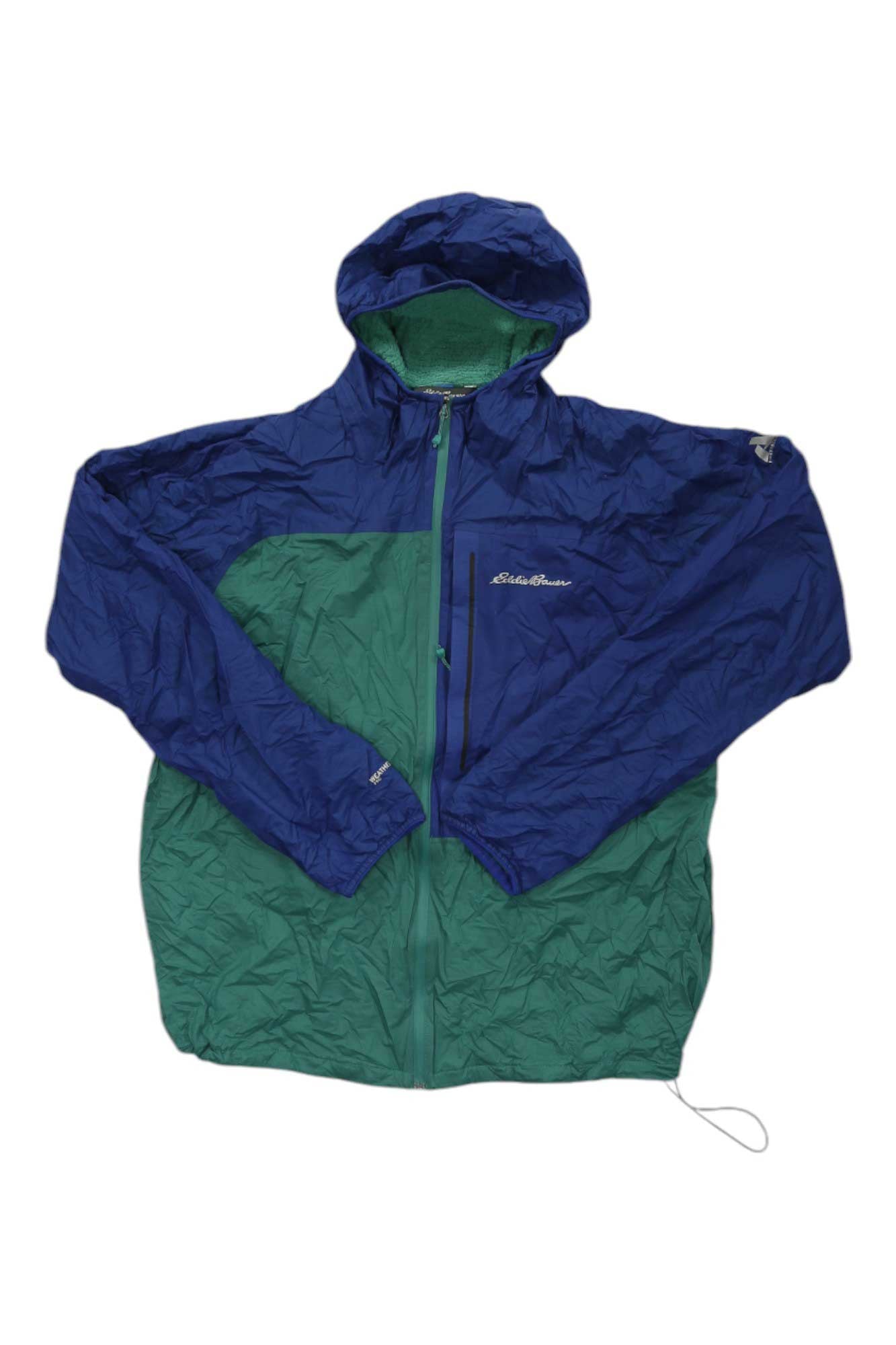 The Eddie Bauer First Ascent Men's BC Evotherm Jacket is a lightweight, breathable windbreaker with a hood, blue upper and sleeves, green lower section, front zipper, and Eddie Bauer logo on the chest.