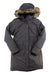 The Eddie Bauer Womens Superior III Stadium Coat is a long, dark gray casual jacket with faux fur hood lining, two large front pockets, zip and snap closure, adjustable side straps, and a cozy fit for winter.