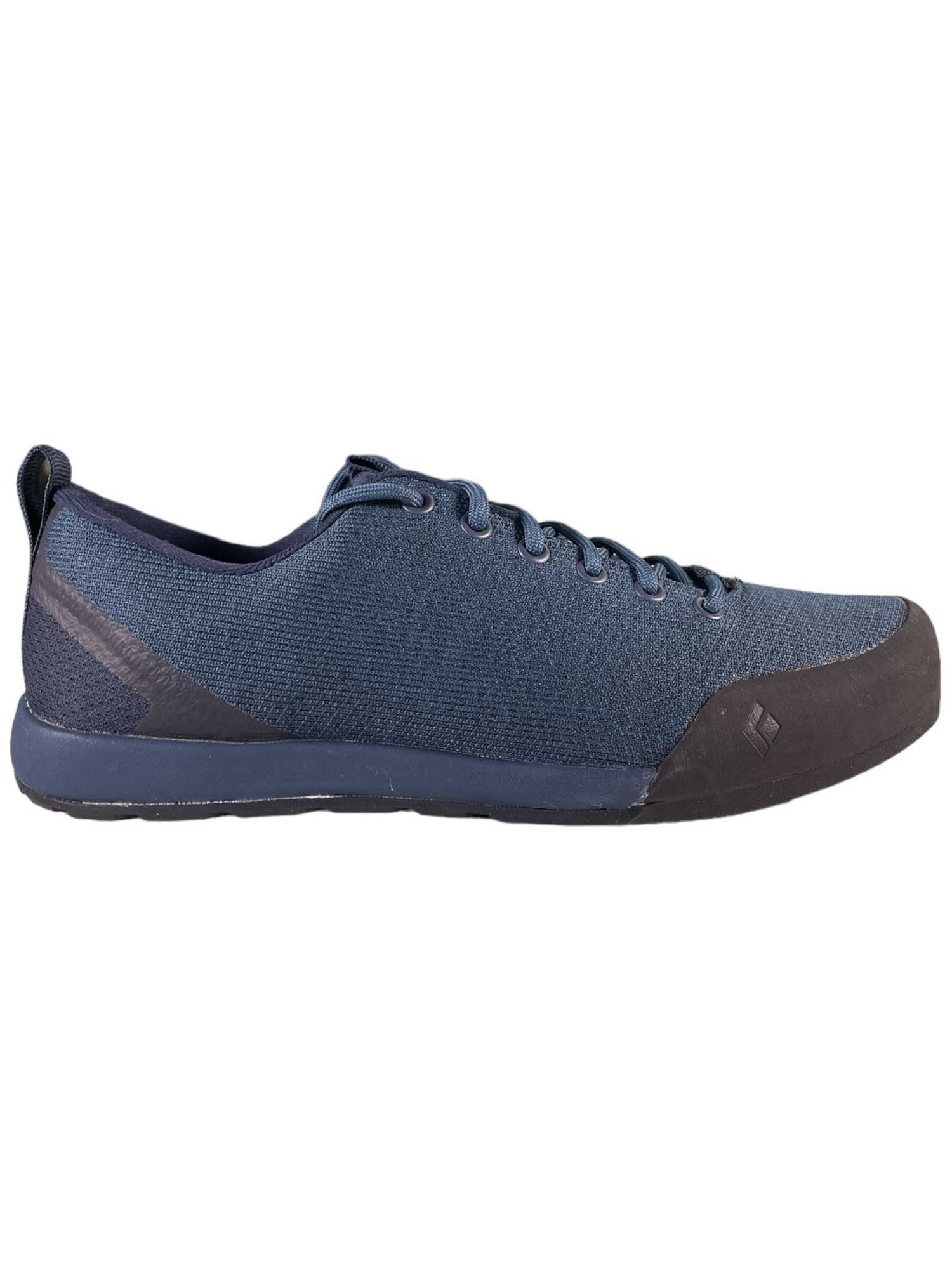 The Black Diamond Mens Circuit Shoe is a minimalist navy sneaker with black rubber sole and toe cap, inspired by outdoor performance, featuring a low profile and lace-up closure—ideal for versatile style.
