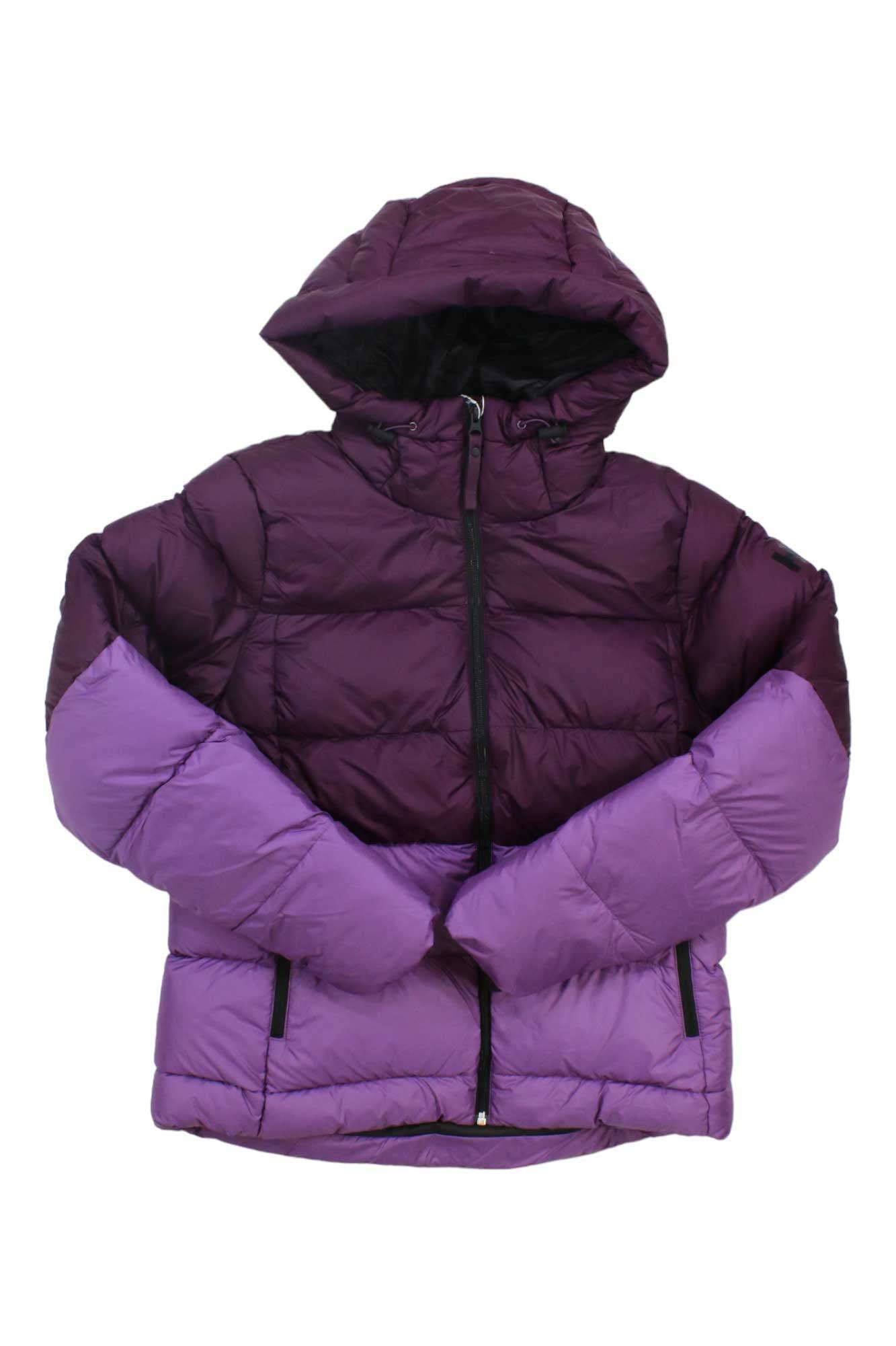 The Helly Hansen Women's Active Puffy Jacket is a hooded, insulated puffer with synthetic fill, black front zipper, horizontal quilting, and a color-block design: dark purple on top, lighter purple on the bottom and sleeves.