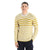 A smiling person wears the Icebreaker Mens Waypoint Crewe Sweater in yellow and white stripes with dark pants, standing against a plain white background.
