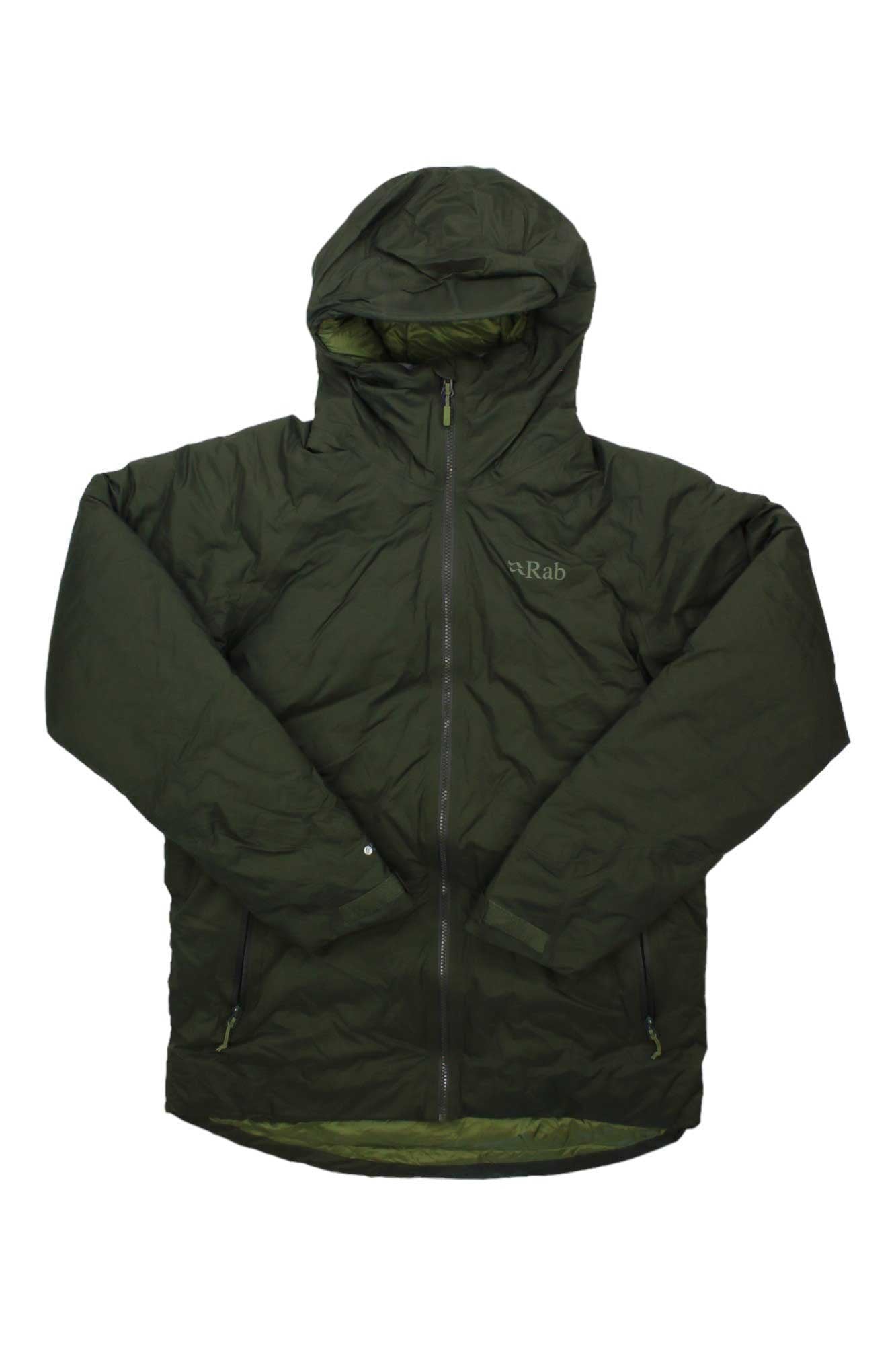 Men's hooded puffer jacket, dark olive green with full-length front zip