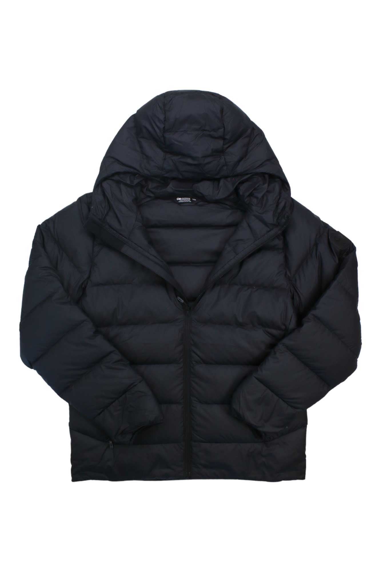 The Outdoor Research Mens Coldfront Down Hoodie is a black, water-resistant puffer jacket with a hood, front zipper, quilted insulation, long sleeves, and a slightly glossy finish, shown against a white background.